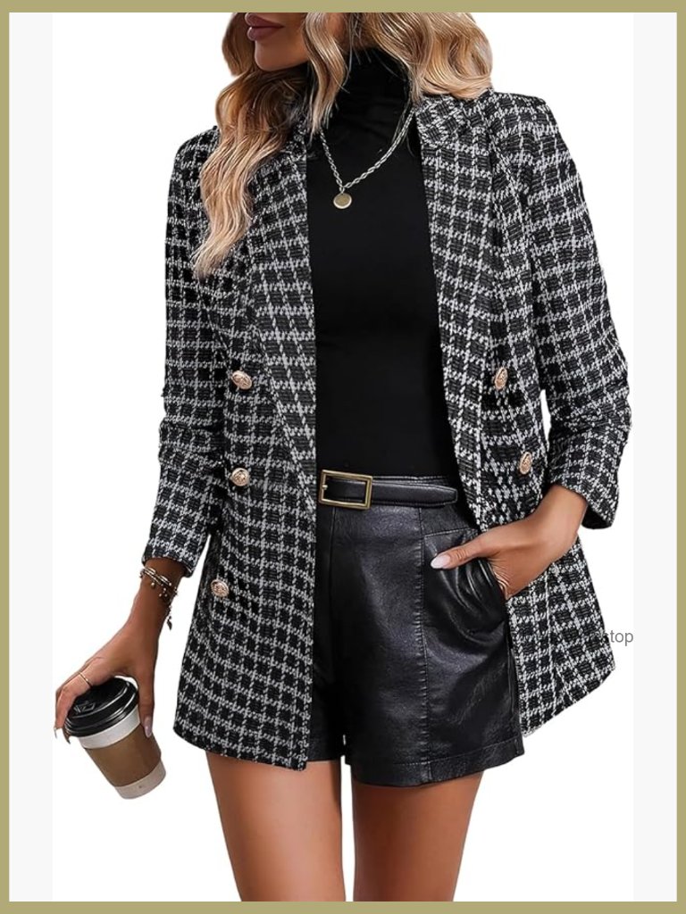 Plaid Tweed Blazer Double Breasted Open Front Long Sleeve